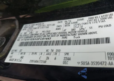 2016 Ford F-150 Xlt из США, поврежденный, VIN 1FTEW1E8XGFC61443